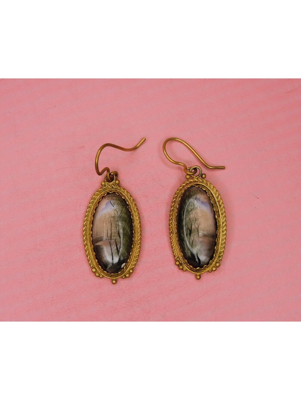 Reproduction Vintage Hand Painted Scene Porcelain Dangle Earrings Set in Brass